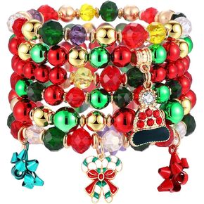 XOCARTIGE Christmas Beaded Stretch Bracelets Xmas Bow Jingle Bell Snowman Charms Bracelet for Women Girls Holiday Bracelet Set Festive Jewelry Gifts