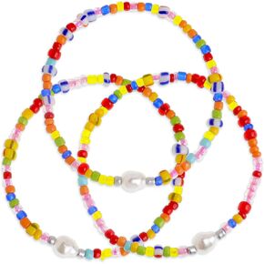 3PCS Pearl Colorful Seeds Beaded Stretch Bracelets Set for Women, Boho Hawaiian Stackable Natural Stone Rainbow Beads Bracelet Stack Summer Beach Vacation Jewelry Gift