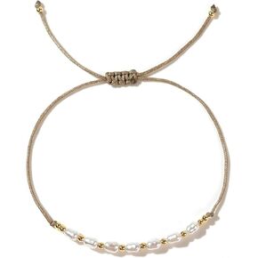 Gold Beaded Charm Braided Bracelets for Women, Cute Handmade Beads Adjustable Beige Rope String Lucky Bracelet Friendship Holiday Jewelry Gift