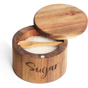 Acacia Wood Salt Spice Box with Swivel Cover for Kitchen Countertop,Salt Keeper with Built-in Spoon,Modern Farmhouse Kitchen Decoror for Storing Salt,Pepper, Herbs, Spices Or Seasonings, 1 Pack