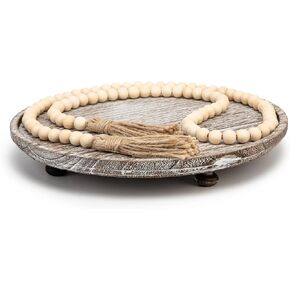 Decorative Trays with Wood Beaded, 11in Round Tray for Home Decor Wood Beaded Tray for Living Room Decor, Coffee Table Decor, Kitchen Table Decor or Farmhouse Serving Tray