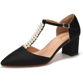 Elivandon J1587 Women's Satin Pointed Toe Mid-Heel Evening Sandals 2.36 inches Block Heel Bridal Party Wedding Pumps with Double Pearl T-Strap