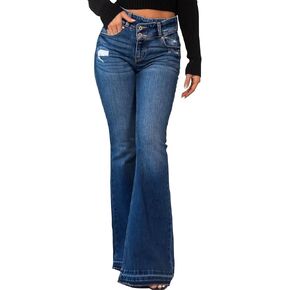 LONGBIDA Skinny Ripped Bell Bottom Jeans for Women High Waisted Stretchy Flare Curvy Denim Pants with Pockets