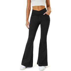 Bell Bottom Jeans for Women Trendy High Waisted Crossover Stretchy Jeans Flare Leggings with Pockets Y2k Jeggings