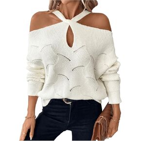 MakeMeChic Women's Casual Solid Criss Cross Twist Front Sweaters Cold Shoulder Rib Knitted Pullover Tops