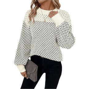MakeMeChic Women's Color Block Houndstooth Oversized Sweater Long Sleeve Crew Neck Knit Pullover Top