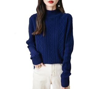 Women's 100% Merino Wool Sweater 2024 Fall Winter Basic Mock Neck Long Sleeve Vintage Cable Knitted Sweater