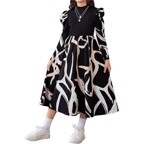 Floerns Girl's Graphic Patchwork Mock Neck A Line Dress Puff Long Sleeve Midi Dresses
