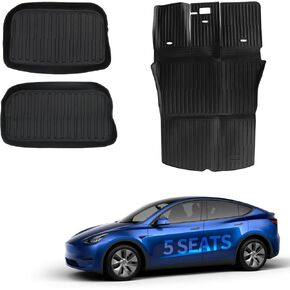 Trunk Mats Fit for Tesla Model Y 5 Seat 2020 2021 2022 2023 2024, Custom Fit All Weather TPE Floor Liners Cargo Liner, Front & Rear Floor Mats Accessories Full Set-100% Eco-Friendly
