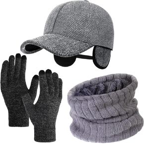 Geyoga 3 Pcs Winter Hat Scarf and Gloves Set for Men Adjustable Winter Baseball Cap with Ear Flaps Touchscreen Gloves Neck Scarf for Men Hiking Skating Dark Gray