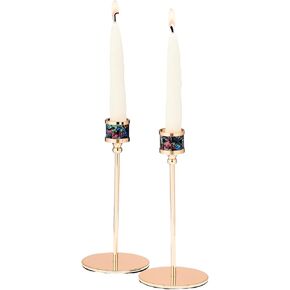 Gold Shabbat Candlestick Holder Set of 2 Abstract Mosaic Pattern | Elegant Judaica Shabbos Gifts Hostess Centerpiece Enameled Aluminum Gold Tone Traditional Candle Holders 7" H (Classic Design)
