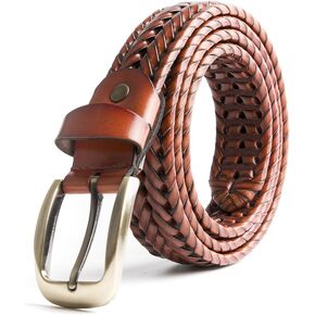 Men Braided Woven Genuine Leather Belt Brown