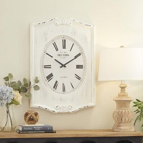 Deco 79 Wood Floral Decorative Wall Clock Carved Distressed Wall Clock for Home, Wall Clock for Room 22" x 4" x 31", White