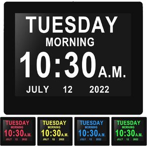 MASSII Digital Clock Day Clock, 8 Inch Alarm Clock Wall Clock for Seniors Alzheimers Dementia Elderly (8" Black or White)