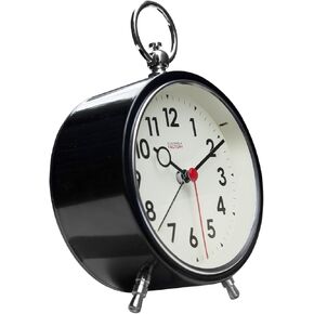 Cloudnola Station Metal Alarm Clock, Black and White, LED Light up, 4.4 inch Diameter, Silent Non Ticking, Battery Operated Quartz Movement