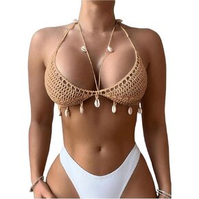 SHENHE Women's Sexy Crochet Coverup Top Open Back Halter Shell Beach Cover Up for Swimwear
