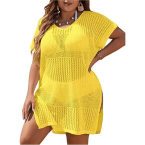 Women's Plus Size Crochet Swimsuit Coverup Mesh Sheer Bathing Suit Cover Up Side Split Beach Dress