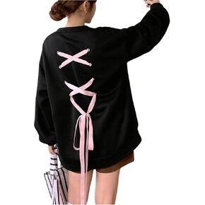 MakeMeChic Women's Oversized Sweatshirt Lace Up Crew Neck Long Sleeve Thermal Pullover Top