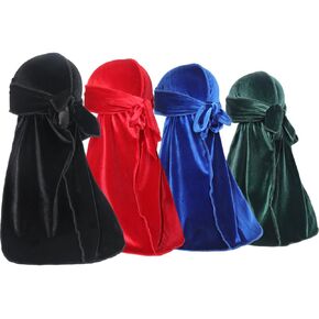 ForceWave Velvet Durags for Men Premium Du Rags Pack of 4 for Men Women with Long Tail and Wide Strap