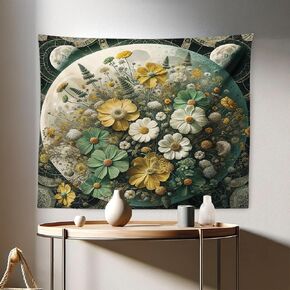 Ambesonne Hippie Tapestry, Surreal Scenery of Moon Backdrop Spring Floral Scene Print Modern Gypsy, Fabric Wall Hanging Decor for Bedroom Living Room Dorm, 28" X 23", Reseda Green Mustard