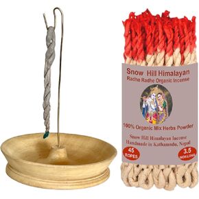Snow Hill Incense Rope Holder Burner with Radhe Radhe Krishna Incense Rope Organic Composed of 26 Ritual Ingredients, Wooden Incense Ash Catcher Burner - Handmade in Nepal