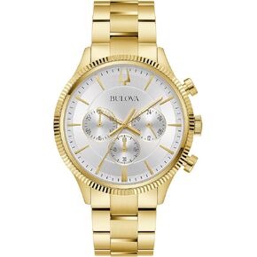 Bulova Men's Classic 6-Hand Chronograph Quartz Gold Stainless Steel Watch, 24 Hour Time, Luminous Hands, 43mm, Style:97A190