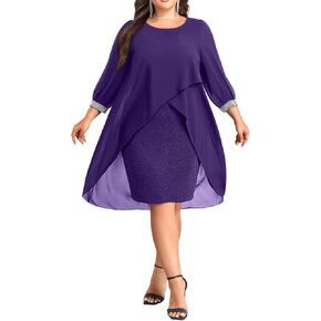 Womens Plus Size Formal Dresses - Elegant Chiffon Cape 3/4 Sleeves Glitter Evening Cocktail Party Wedding Guest Dress
