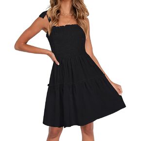 ZESICA Women's 2025 Summer Spaghetti Strap Sleeveless Square Neck Ruffle A Line Swing Mini Dress