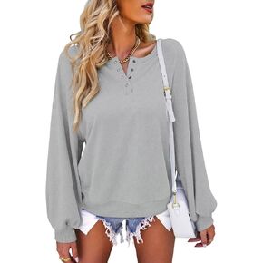 EADINVE Womens Long Sleeve Sweatshirt Casual Crew Neck Button Puff Sleeve Cute Lightweight Pullover Relaxed Loose Fit Tops