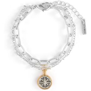 DEMDACO Protect Us Guide Us Compass, Silver Tone 7 Inch Plus Extension Metal Everyday Fashion Layered Bracelet
