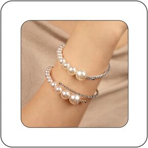 Bridal Multi Rows Pearl Cuff Bracelet Sparkly Rhinestone Stretch Wrap Bangle 1920s Pearl Bracelet Jewelry for Women