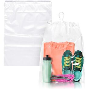 Clear Drawstring Travel Bags for Shoes, 12 x 16 Inches. Pack of 100 Waterproof Dust Bags for Shoes with Double Cotton Drawstrings. 2 mil PE Plastic Drawstring Bags for Packing, Storage