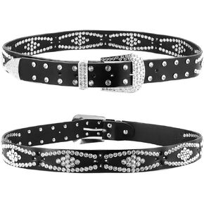 HZMAN Women's Western Cowgirl Rhinestone Studded Leather Belt 1-1/2" Wide