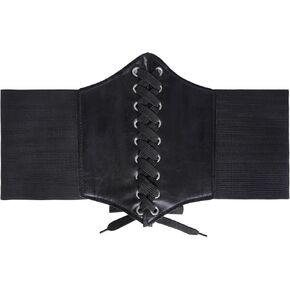 Black Corset for Women Wide Elastic Costume Waist Belt Lace-up Faux Leather Belts for Halloween Daily Cosplay Costumes