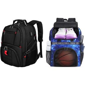 YOREPEK Travel Backpack & Basketball Bag, Extra Large 50L Laptop Backpacks for Men Women, Large Basketball Backpack with Shoe Compartment and Ball Holder, Water Resistant Backpack, Black & Star Blue