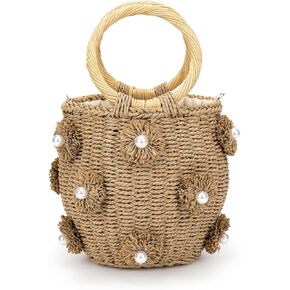 Flower Pearls Rattan Straw Bag Tote Bag Summer Beach Bag Straw Bucket Bag Woven Handbag Drawstring for Women