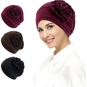 3 PCS Flower Hijab Undercap for Women, Turban Beanie Caps, Soft Cancer Headwear Elastic Cancer Cap for Women with Hair Loss