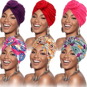 SATINIOR 6 Pieces Turban for Women African Turban Flower Knot Pre-Tied Cap Beanie Headwrap (Adorable Patterns) Multicoloured
