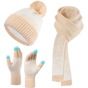 Womens Beanie Hat Scarf Gloves Set,Fleece Lined Warm Winter Cap with Pom Pom,Long Knit Scarf 3 in 1 Set for Cold Weather Gift