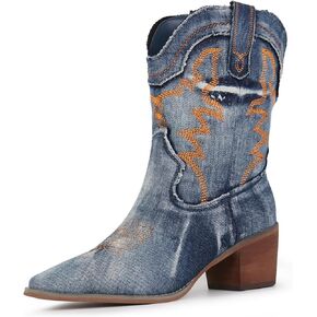 Hawkwell Women's Embroidered Stitched Rodeo Boots Pointed Toe Chunky Block Heel Classic Pull On Cowgirl Ankle Western Booties