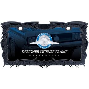 United Pacific 50114 Die-Cast Metal Black Tribal Flame License Plate Frame Holder, 3-D Design, Satin Black Finish, Fits Standard US Cars – ONE Unit