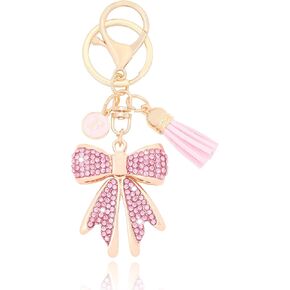 Letter A-Z Pink Rhinestone Bow Keychains for Women Charms Purse Crystal Tassel Car Keychain
