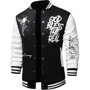 Men's Y2K Grunge Graphic Varsity Jacket Striped Long Sleeve Button Down Baseball Jackets Outwear