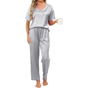 Silk Pajama Set for Women, V Neck Short Sleeve Silky Pajama Sets, Two-piece Pj Set Sleepwear Loungewear with Pants