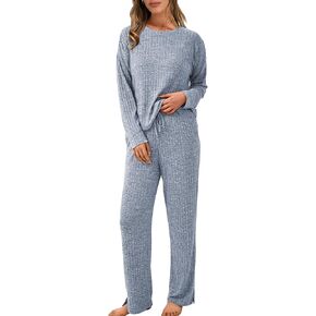 NORACORA Womens 2 Piece Lounge Pajamas Set Cute Ribbed Sweater Knit Casual Sleepwear Long Sleeve Pj Pants Sets with Pockets