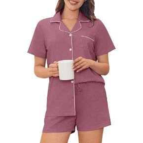 Ekouaer Womens Cotton Pajamas Set Classic Short Sleeve Pjs Set Soft Button Down Sleepwear Loungewear