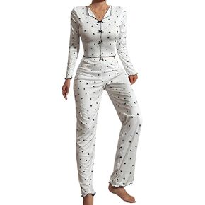 Hilinker Womens Cute Long Sleeve Pajama Set Ribbed Top and Pants Sleepwear 2 Piece Pjs