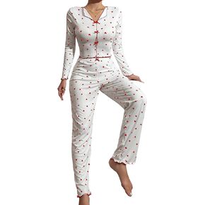 Hilinker Womens Cute Long Sleeve Pajama Set Ribbed Top and Pants Sleepwear 2 Piece Pjs
