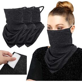 MoKo Scarf Mask Bandana with Ear Loops 3 Pack, Neck Gaiter Balaclava with Filter Pocket UV Sun Protection Face Mask for Dust Wind Motorcycle Cycle Bandana Headband for Women Men, Black