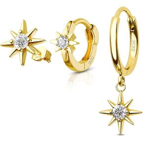 COCHARM 3Pcs 925 Sterling Silver Hoop Earrings 20g Gold Stud Earrings Star Huggie Earrings Dangle Earrings for Women